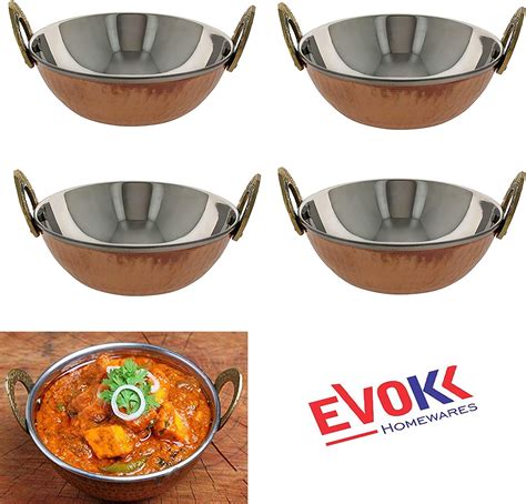 Evokk 4 Pcs Pure Copper Balti Dish Traditional Karahi Serving Bowls Indian Resaturant