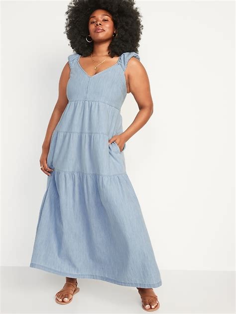 Chambray Tiered All Day Fit And Flare Maxi Dress For Women Old Navy