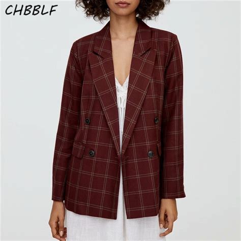 Chbblf Women Elegant Win Red Plaid Blazer Double Breasted Long Sleeve