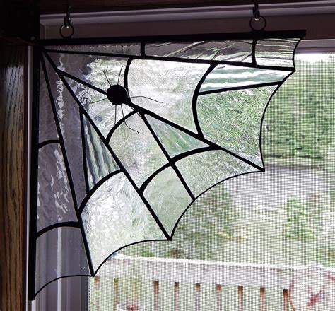Stained Glass Corner Spider Web With Black Spider