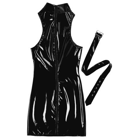 Womens Sexy Leather Mini Dress Wet Look High Neck Bodycon Party Club