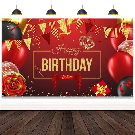 Buy Happy Birthday Backdrop Banner Large Red Rose Black And Gold Balloons Sign For Women
