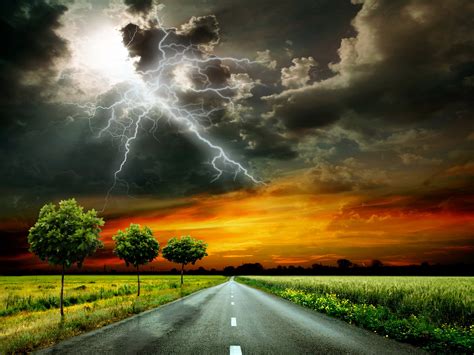 scenery, Roads, Sky, Grass, Clouds, Lightning, Trees, Thundercloud ...