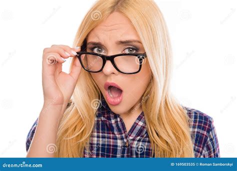 Close Up Portrait Of Surprised Woman In Glasses With Open Mouth Stock