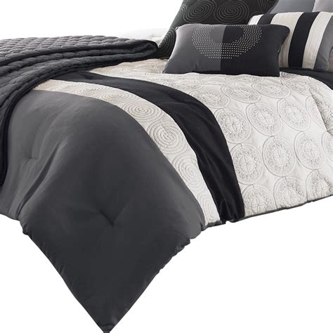 7 Piece King Size Cotton Comforter Set With Geometric Print Gray And