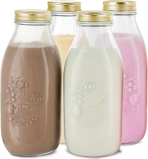 Estilo Dairy Reusable Glass Milk Bottles With Metal Lids 338 Oz Set