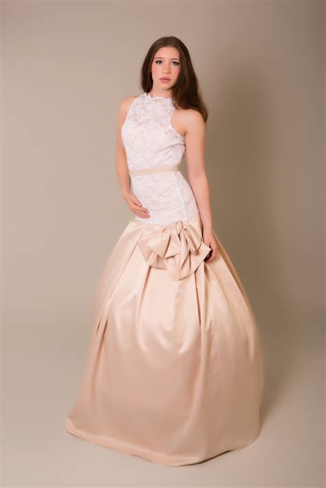 Very Elegant Drop Waist Maj Designs Bridal Ball Gown With Champagne Satin And White Lace And