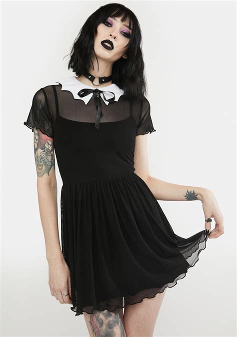 The Grave Girls Mesh Mini Dress With Contrast Collar Black Dolls Kill