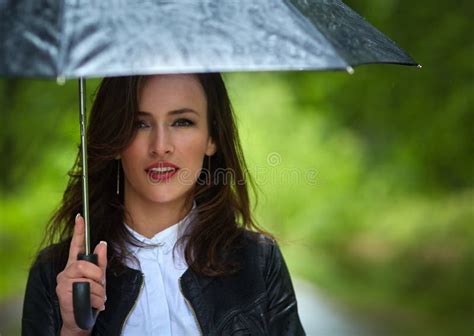 Woman With Umbrella In The Rain Stock Image Image Of Romantic Casual