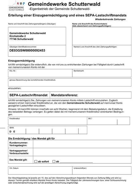 Das erteilte mandat ist nur im original rechtswirksam. Gemeindewerke Schutterwald | SEPA-Lastschriftmandat
