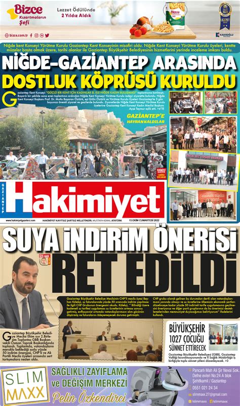 15 Ekim 2022 tarihli Gaziantep Hakimiyet Gazete Manşetleri
