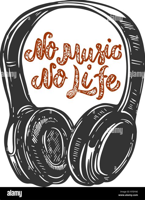 No Music No Life Lettering Phrase With Headphones Design Element For
