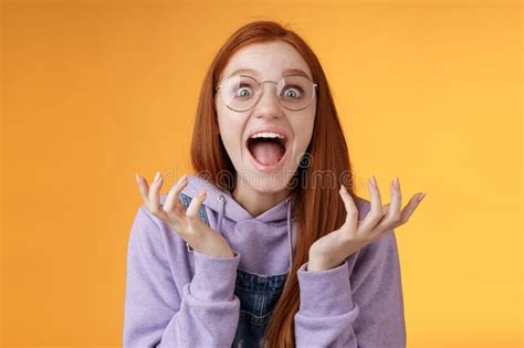 Shocked Excited Overwhelmed Young Screaming Happy Redhead Girl Wearing