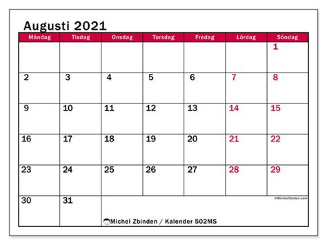 (till exempel vill skriva ut hemma eller på jobbet). Kalender "502MS" augusti 2021 för att skriva ut - Michel Zbinden SV