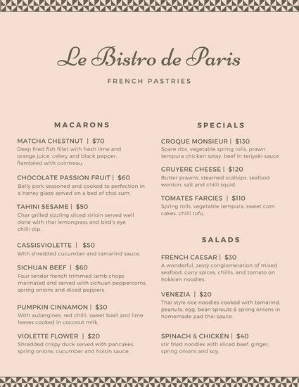 Cream with eiffel tower illustration french menu. Customize 265+ French Menu templates online - Canva