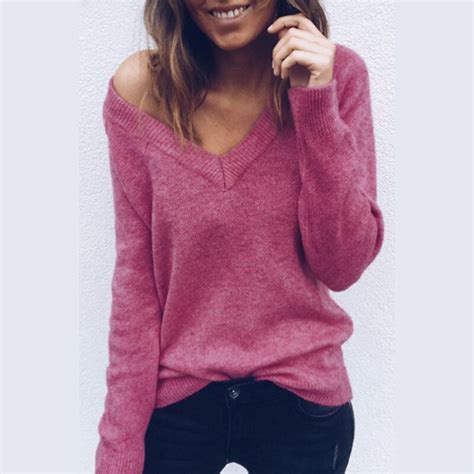 New Female V Neck Pullovers Cashmere Sweater Pure Solid Soft Comfortable Casual Loose Basic