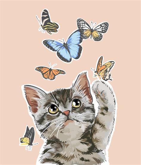 Premium Vector Cute Cat Playing With Butterflies Illustration
