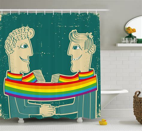 Pride Decorations Shower Curtain Happy Gay Couple Tied With Rainbow Colored Scarf Holding Hands