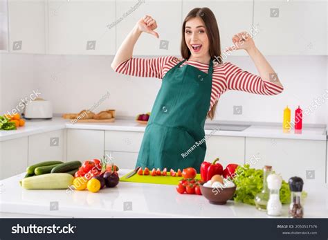 Portrait Attractive Cheerful Girl Cooking Tasty Stock Photo 2050517576