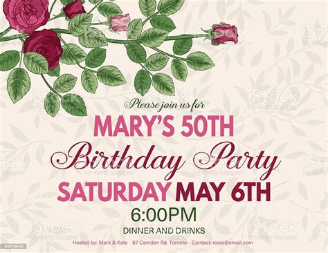 Botanical Style Roses Birthday Party Invitation Stock Illustration