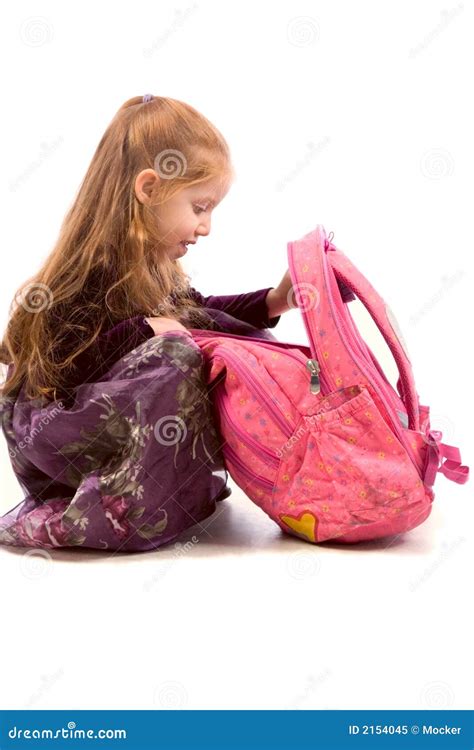 Young Girl With Pink Backpack Stock Image Image Of Childhood Blue