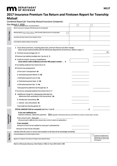 Combined insurance headquarters hq and customer service department provides help and support to the customers. Fillable Form M11t - Insurance Premium Tax Return And Firetown Report For Township Mutual - 2017 ...