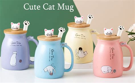 Cat Mug Cute Ceramic Coffee Cup With Lovely Kitty Lid Stainless Steel Spoonnovelty Morning Cup