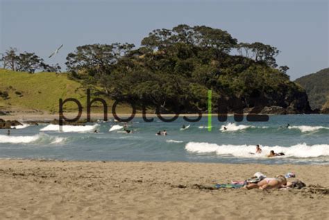 Summer Swimming And Beach Sunbathing At Elliotts Bay Northland New Zealand New Zealand Stock