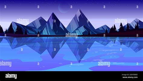 Dusk Mountain Lake Scenery Landscape Dark Sky With Waning Moon And