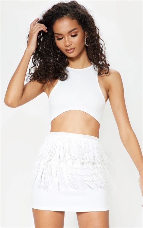 white extreme mini fringe skirt skirts prettylittlething