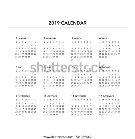 Simple Calendar Layout 2019 Years Week Stock Vector Royalty Free