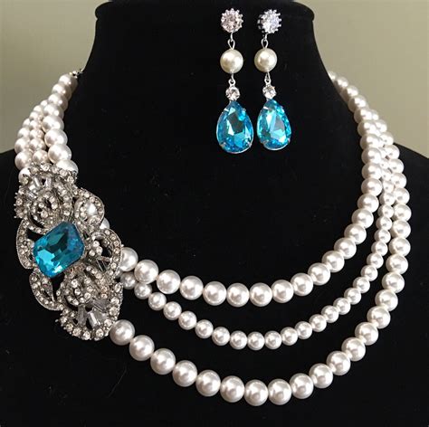 Pearl Necklace With Brooch In Aqua Blue Rhinestone 3 Strands Etsy