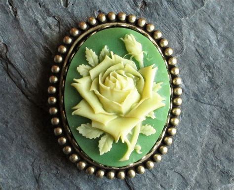 Rose Flower Cameo Brooch Green And Ivory Brooch Antique