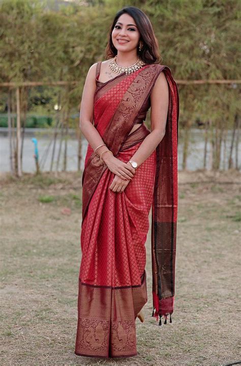 Brick Red Soft Kora Silk Saree Anju Shankar Label