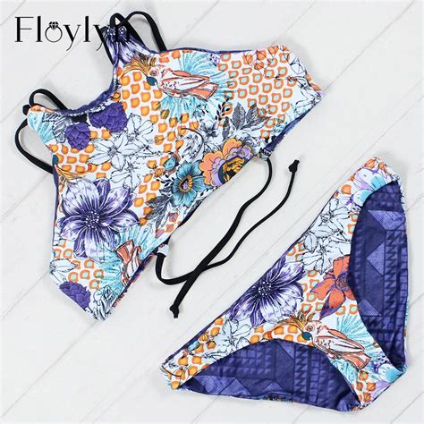 Floylyn New Arrivals Sexy Bandage Swimsuit Print Bathing Suit High Neck Bikini Monokini Summer