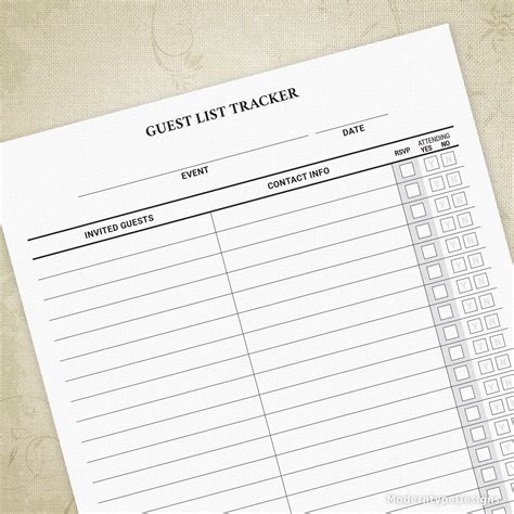 Guest List Tracker Printable Form Event Rsvp List Party Attendance
