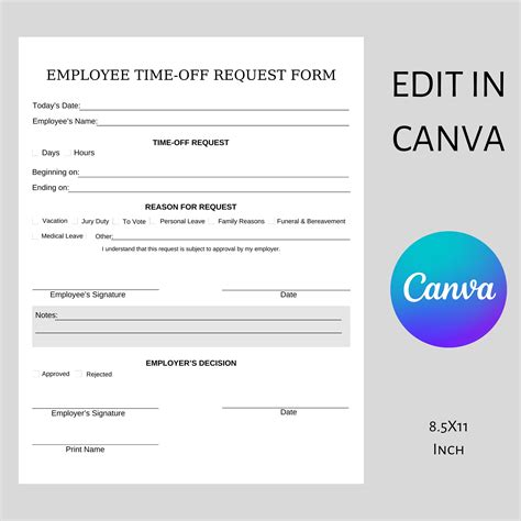 Employee Time-off Request Canva Template, EDITABLE Vacation Request
