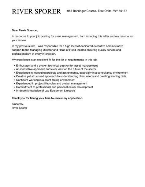Asset Management Cover Letter Velvet Jobs