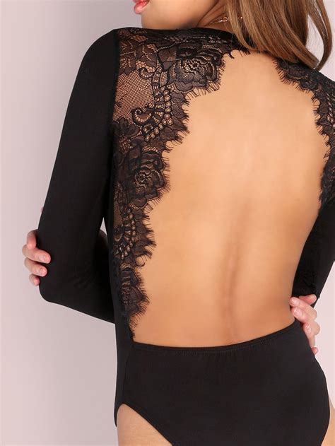 Shop Backless Lace Applique Bodysuit Online Shein Offers Backless Lace