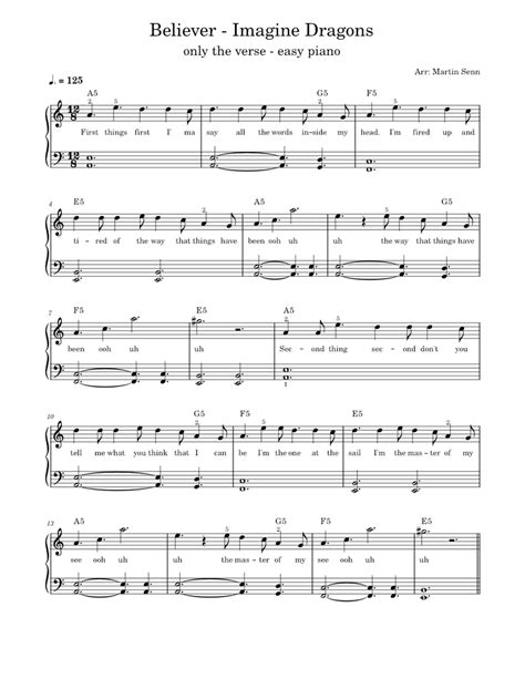 Imagine Dragons Believer Easy Piano Sheet Music For Piano Solo