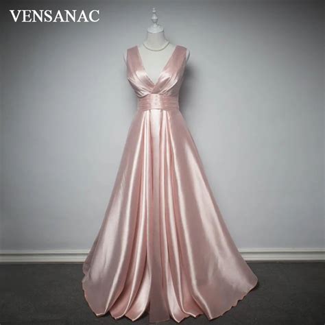 Vensanac 2018 V Neck Pleat Sash Sleeveless A Line Long Evening Dresses