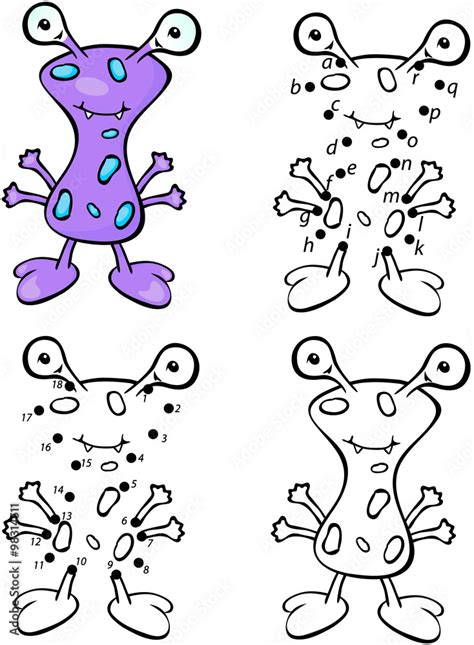 Cartoon Purple Alien Vector Illustration Coloring And Dot To D Stock