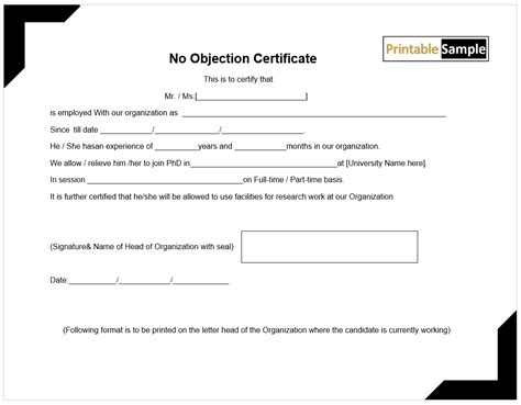 20 Free Sample No Objection Certificate Templates Printable Samples