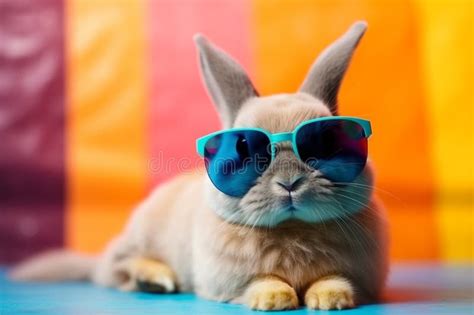 Cool Rabbit Wearing Sunglasses And Posing With A Funny Face Against A
