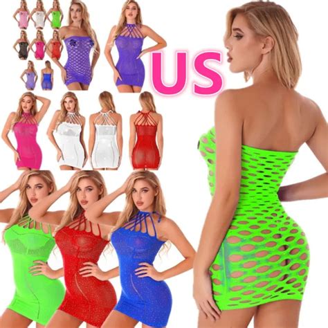 US WOMEN S FISHNET Mini Dress See Through Sexy Hollow Out Tube Dresses