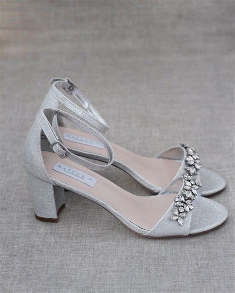 silver shimmer low block heel sandals with embellished rhinestones shopkaileep