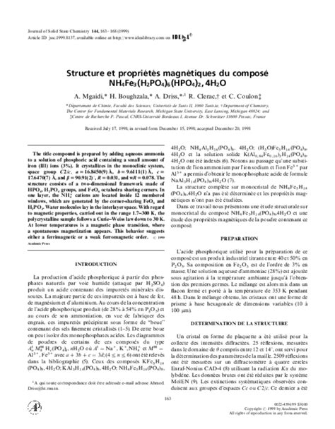 Pdf Structure Et Propriétés Magnétiques Du Composé Nh4fe3h2po46hpo424h2o Habib