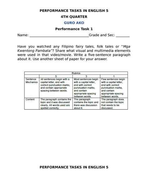 English 5 Q4 Lectures PERFORMANCE TASKS IN ENGLISH 5 4TH QUARTER