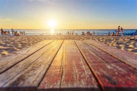Top Of Wooden Table At Sunset Beach Stock Image Image Of Silhouette