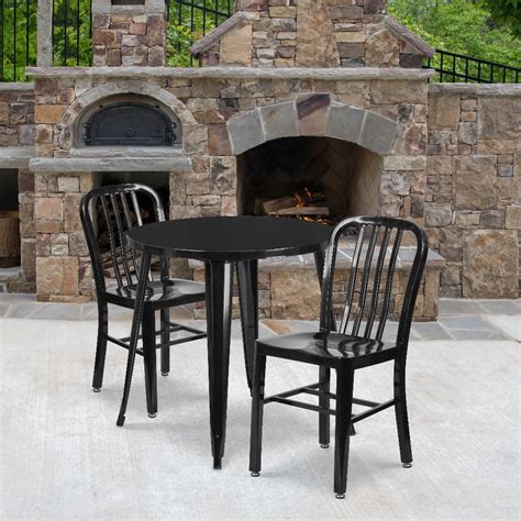 Commercial Grade 30 Round Black Metal Indoor Outdoor Table Set With 2